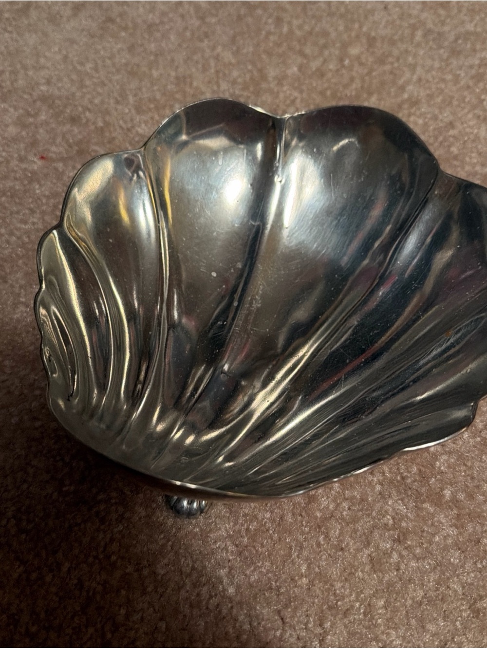 vintage silver-toned decorative bowl is shaped like a clam shell Pierre Deux